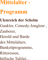 Mittelalter - Programm Ulenreich der Schelm Gaukler, Comedy-Jongleur ,  Zauberer,  Herold und Barde  des Mittelalters. Bankettprogramme, Ritteressen, höfische Tafelei...