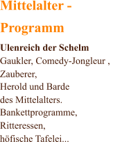 Mittelalter - Programm Ulenreich der Schelm Gaukler, Comedy-Jongleur ,  Zauberer,  Herold und Barde  des Mittelalters. Bankettprogramme, Ritteressen, hfische Tafelei...