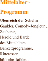 Mittelalter - Programm Ulenreich der Schelm Gaukler, Comedy-Jongleur ,  Zauberer,  Herold und Barde  des Mittelalters. Bankettprogramme, Ritteressen, höfische Tafelei...